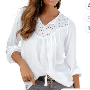 Lascana for Venus White Eyelet Boho Blouse beach swim coverup M